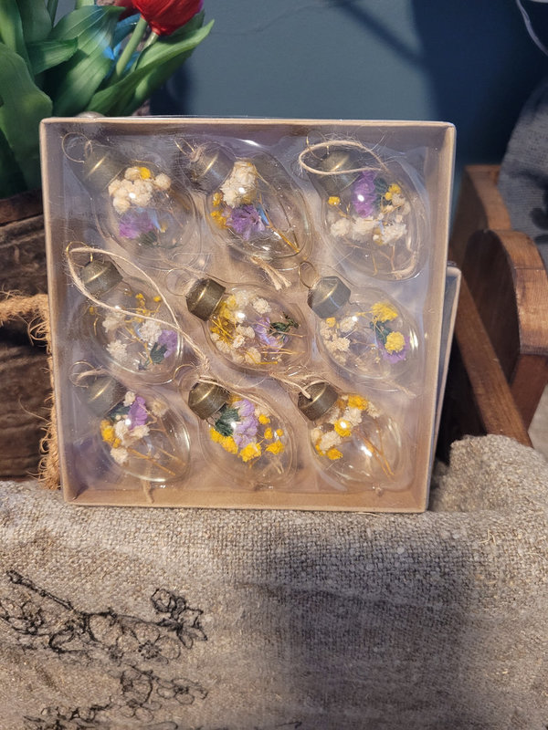 Glazen eieren met droogbloemen paars-geel